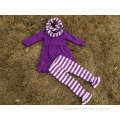 2015 new baby girls dress purple and gray pant dress scarf outfits boutique outfits stripe dress pant set